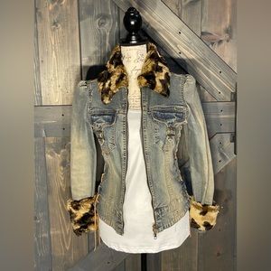 Denim Jacket with leopard trim- size S/P